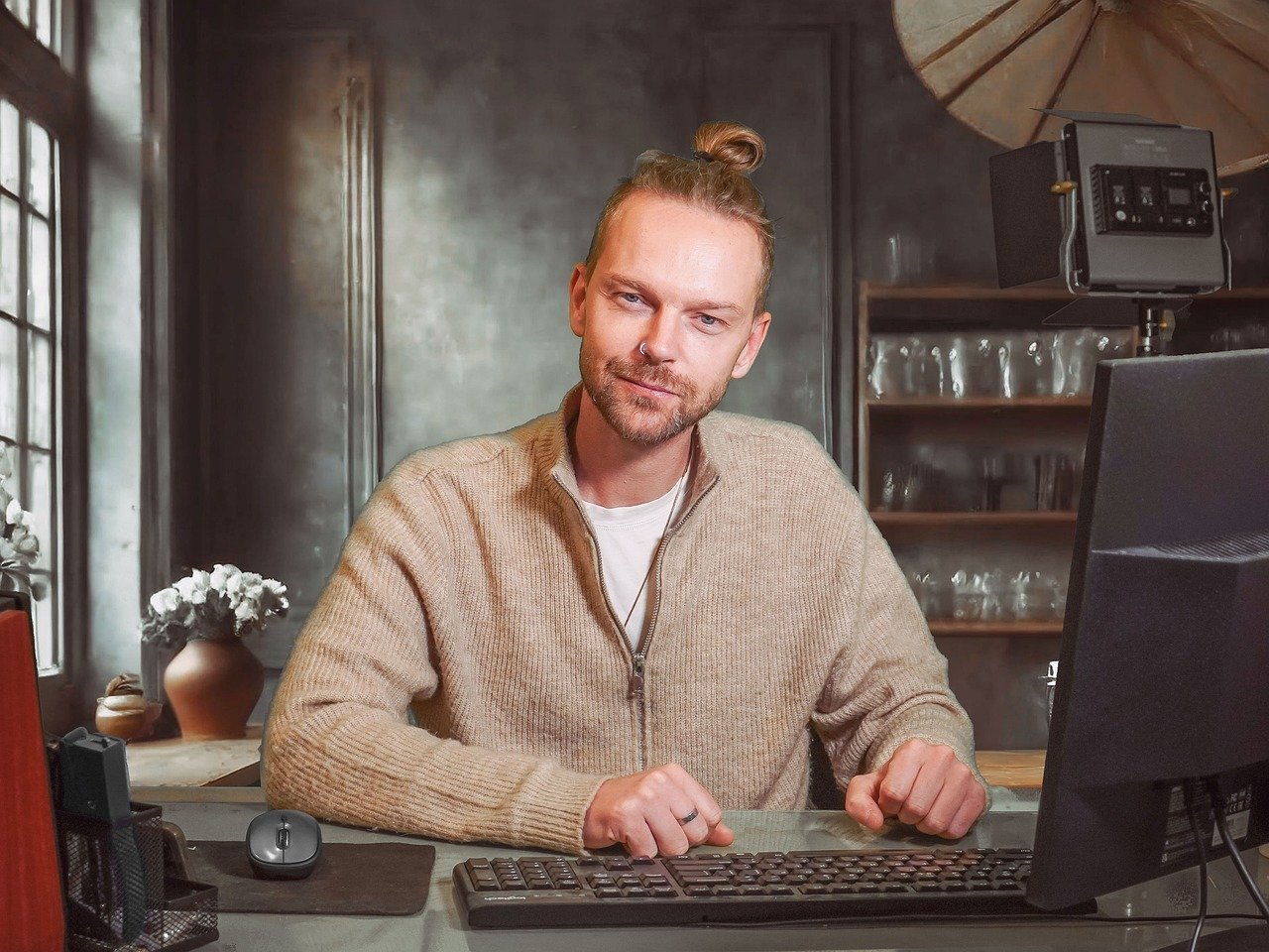 man, desk, computer